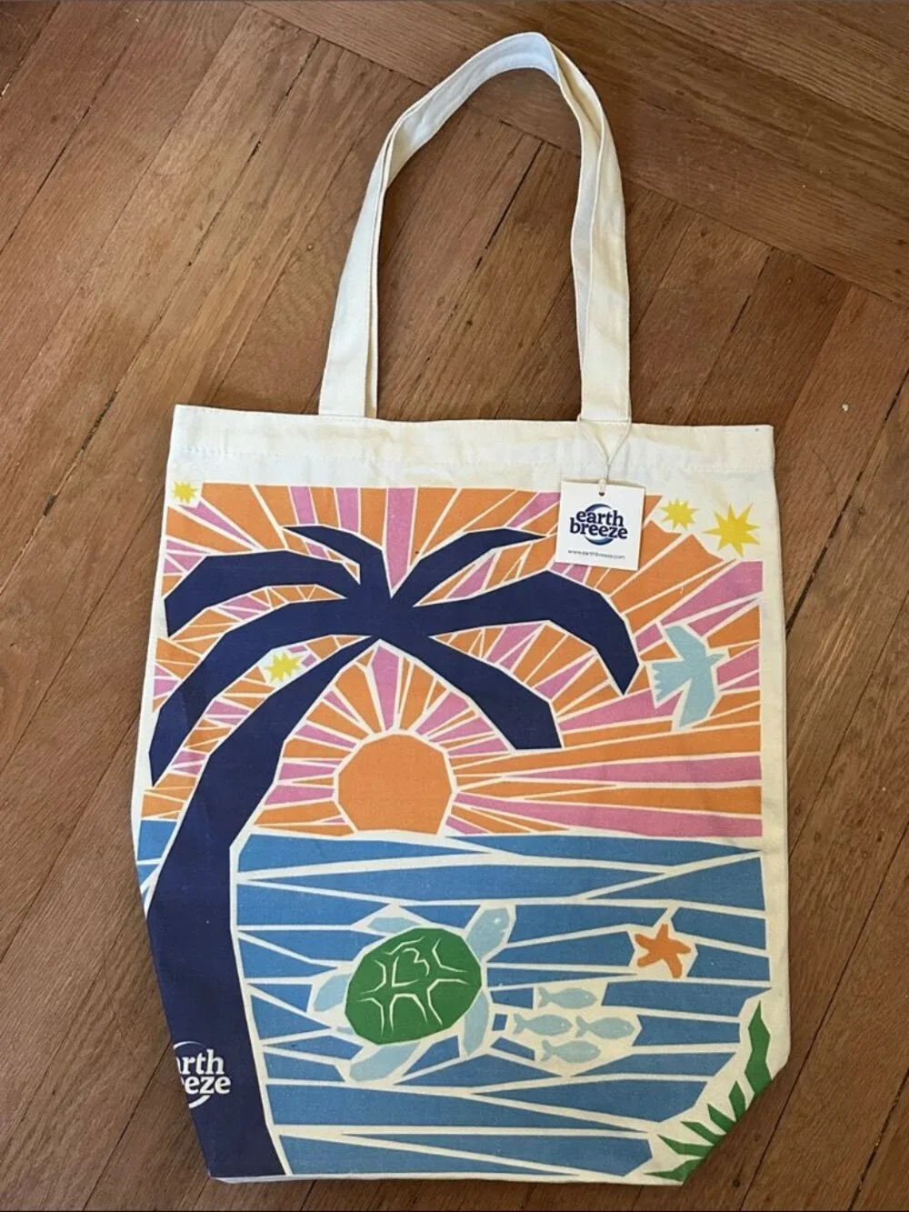 New Earth Breeze ocean conservation turtle tropical palm beach canvas tote bag
